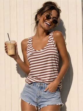 Brown & White Striped Tank Top | Casual Sleeveless Blouse
